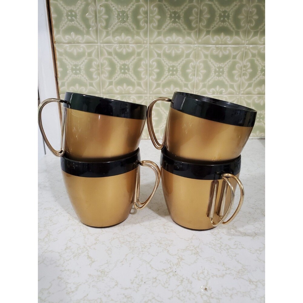 Vintage Thermo Serv West Bend Gold & Black 3" Cups With Wire Handles - MCM (4)